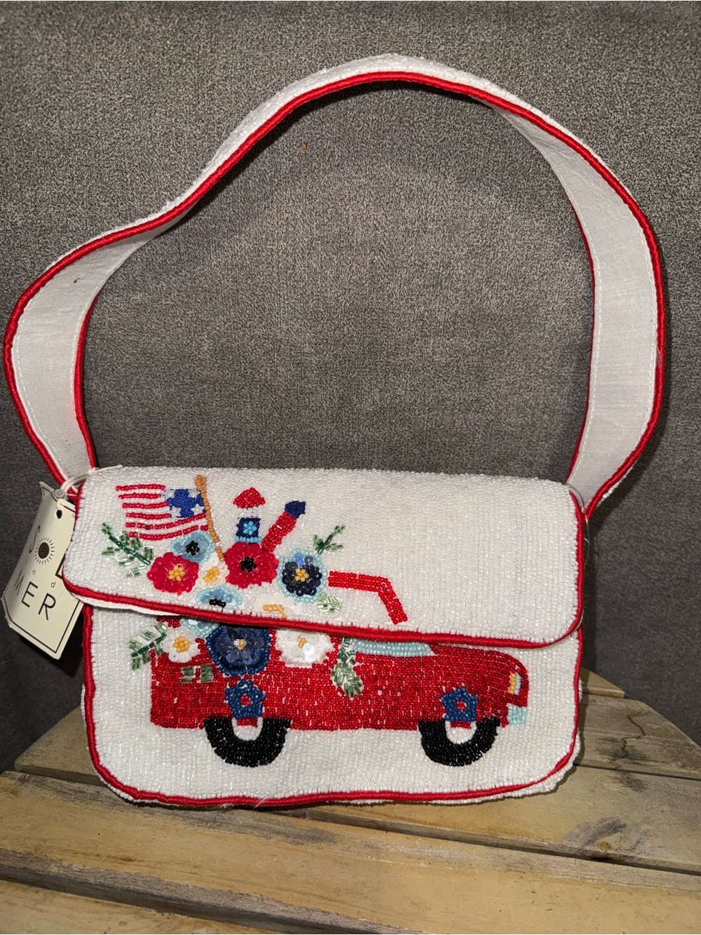 Sol and Mer Beaded White & Red Shoulder Bag NWT